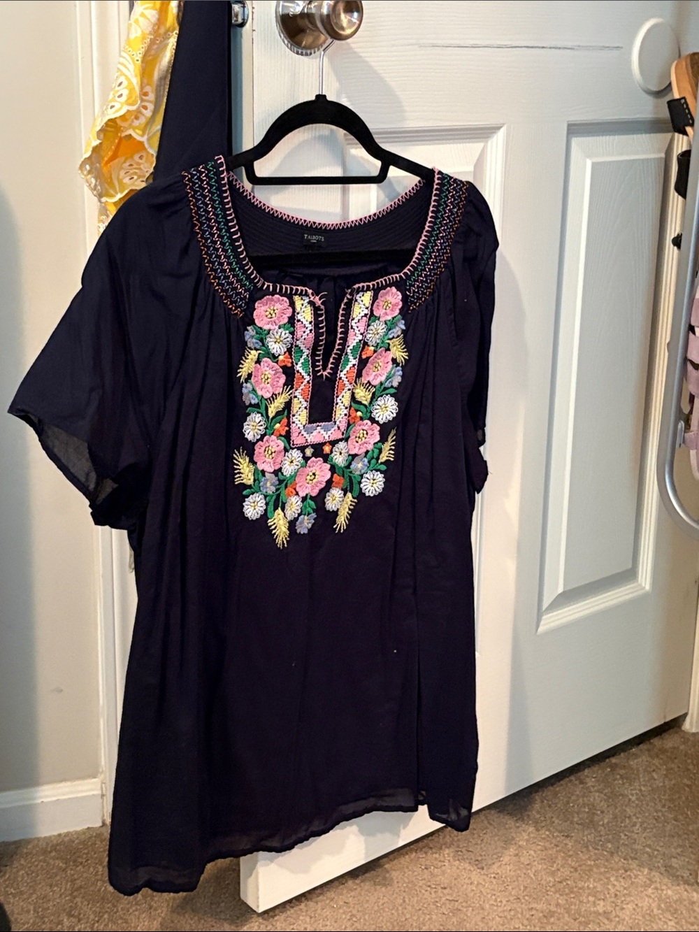 Talbots Black Tunic with Pink & Green Floral Embroidery